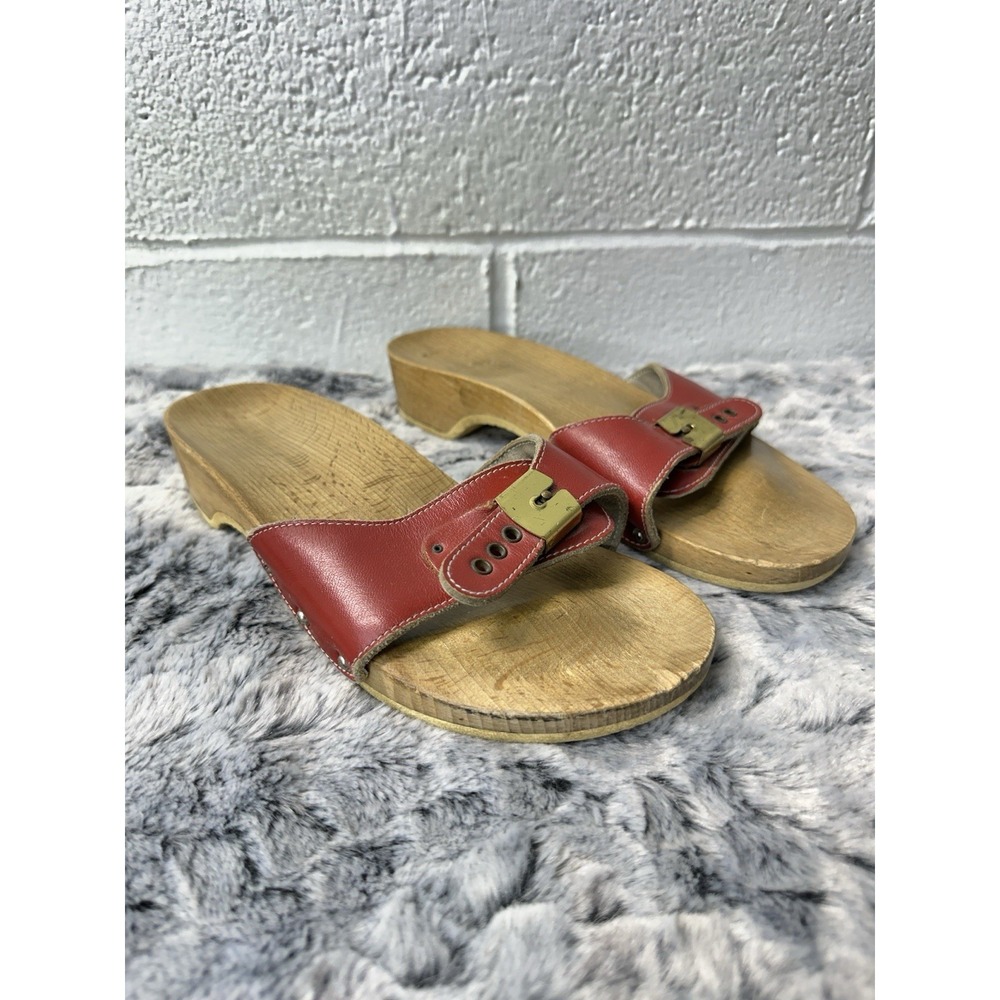 Dr Scholls Red Leather Sandals Wood Slip On Shoes Vtg 70s 80s Italy Women's Sz 8